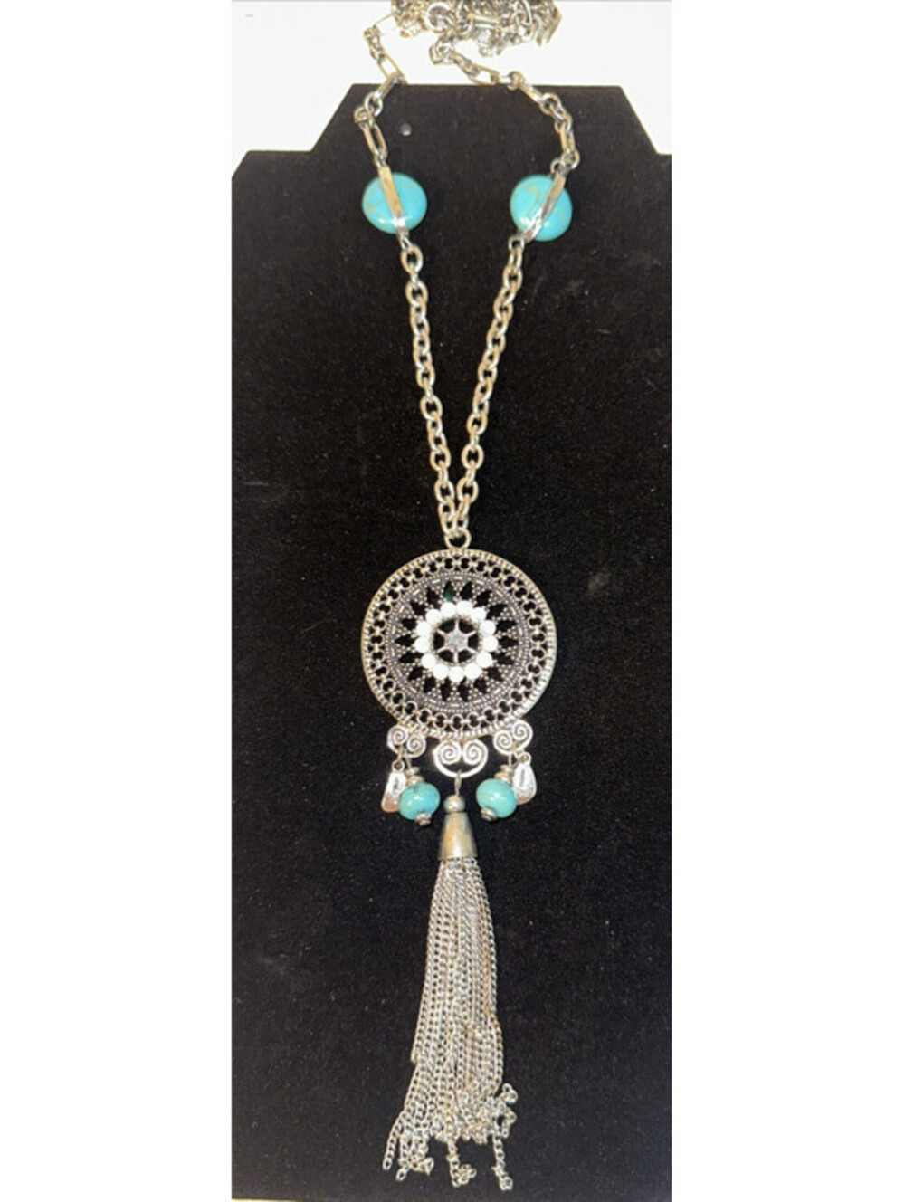 Silver Chain Necklace Round Pendent W/Tassel Blue Turquoise Beads Boho